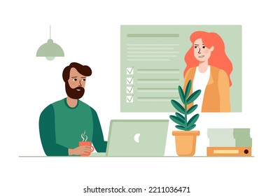 Green concept employee hiring process with people scene in the flat cartoon style. Head of the office reviews the resumes of candidates for a new position. Vector illustration.