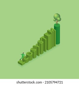 Green concept of environmental concern, Earth day, growing, save the planet, Eco friendly. A man runs and steps up a stair text word ECOSYSTEM with a tree on top. Isometric Vector Illustration.