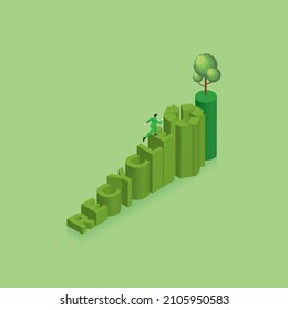 Green Concept Of Environmental Concern, Earth Day, Growth, Save The Planet, Eco Friendly. A Man Run And Step Up Text Word RECYCLE And Symbol With A Tree On Top Of Stairs. Isometric Vector Illustration