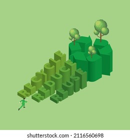 Green concept of environmental concern, Earth day, growth, save the planet, Eco friendly. A man run and step up text word RECYCLE, REDUCE, REUSE and recycle symbol with a tree on top of stairs.