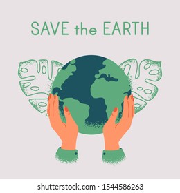 Green concept fo save the Earth. Human hands hold planet Earth with care. Vector ecological illustration isolated from background