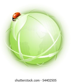 Green concept. Globe with green leaf and ladybird.
