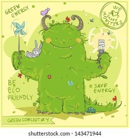 Green Concept - Hand drawn 'Go Green' series with Green Monster. Sketching.