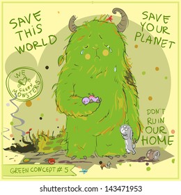 Green Concept - Hand drawn 'Go Green' series with Green Monster. Sketching.