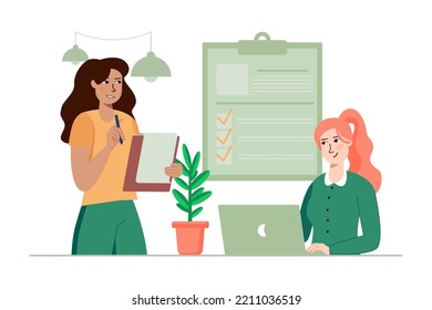 Green Concept Online Survey With People Scene In The Flat Cartoon Style. Company's Employee Conduct A Survey Of Customer On The Internet. Vector Illustration.