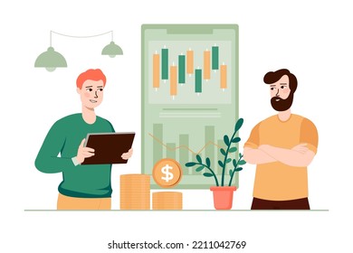 Green concept stock market with people scene in the flat cartoon design. Business partners follow information on the stock market. Vector illustration.