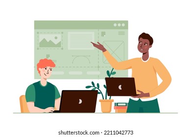 Green concept ui ux design with people scene in the flat cartoon design. Two designer are working on design of a new Internet site. Vector illustration.