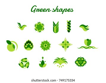 Green concept vector badge, logo and icon set with nature design symbols. 