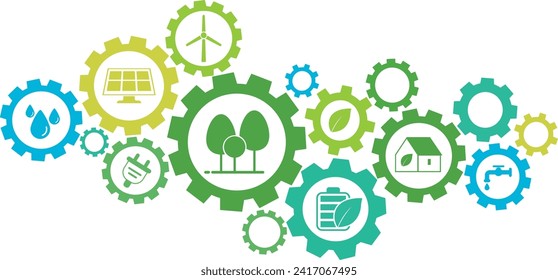 Green concept vector illustration. Sustainable production with icons. Ecological and eco-friendly development. Zero emission and pollution manufacturing 