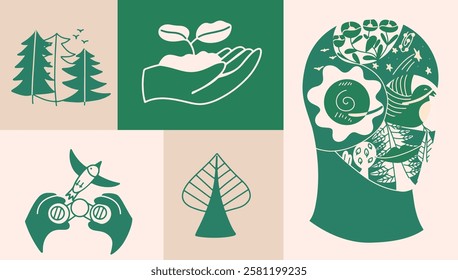 Green conceptual set. Mental health vector illustration. Sustainable and environmental  elements. 