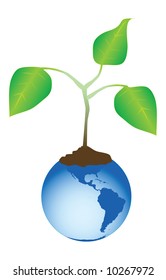 a green conceptual vector illustration of a tree sapling sprouting out of planet earth to represent growth and a clean environment.