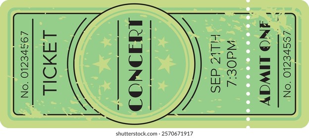 Green concert ticket for september 21th, admit one, with serial number and stars decorating it, showing an old and used style, isolated on white background