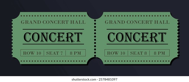 Green concert tickets with decorative text, perforated edges, and seat details over a dark background. Creative flat style. Event entry concept. Vector illustration