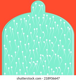 Green condom on red background with many sperm and spermatozoon inside it. Concept of safe sex 