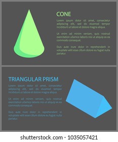Green cone with blue triangular prism, colorful banner, vector illustration, black background, text sample, geometric objects group, two varied prisms