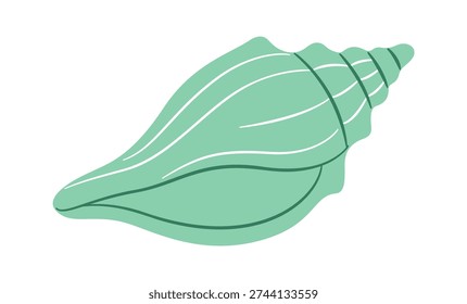Green cone seashell, flat style isolated. Marine vector clipart perfect for beach, summer, nautical design, summer branding, beach flyers, ocean themed designs, coastal decor. Vector illustration