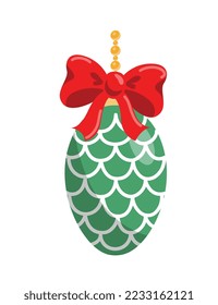 Green cone toy. Pendant for new year and Christmas with red bow. Traditions and culture, decoration for apartment. Holiday, festival and event. Comfort and coziness. Cartoon flat vector illustration