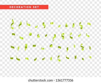 Green confetti celebration. Ribbon serpentine, isolated with transparency background effect.