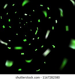 Green confetti explosion celebration isolated on black background. Falling confetti. Abstract decoration party, birthday celebrate or Christmas, New Year confetti decor Vector illustration