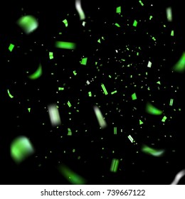 Green confetti explosion celebration isolated on black background. Falling confetti. Abstract decoration party, birthday celebrate or Christmas, New Year confetti decor Vector illustration