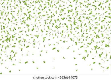 Green Confetti explosion on White background. Shiny glossy gold paper pieces fly and scatter around. Surprise burst for festive, carnival, casino, party, birthday and anniversary decoration. Vector.
