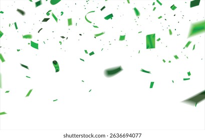 Green Confetti explosion on White background. Shiny glossy gold paper pieces fly and scatter around. Surprise burst for festive, carnival, casino, party, birthday and anniversary decoration. Vector.