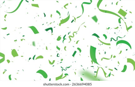 Green Confetti explosion on White background. Shiny glossy gold paper pieces fly and scatter around. Surprise burst for festive, carnival, casino, party, birthday and anniversary decoration. Vector.