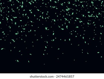 Green confetti, falling paper ribbons isolated on dark background. Birthday party decoration. Vector illustration.