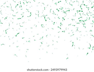 Green confetti, falling paper ribbons isolated on white background. Birthday party decoration. Vector illustration.