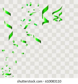 Green Confetti falling shiny isolated on transparent checkered background.