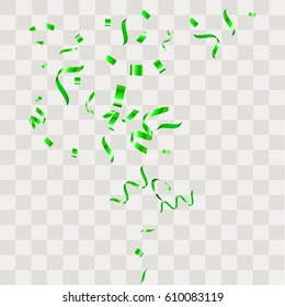 Green Confetti falling shiny isolated on transparent checkered background.
