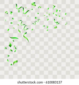 Green Confetti falling shiny isolated on transparent checkered background.