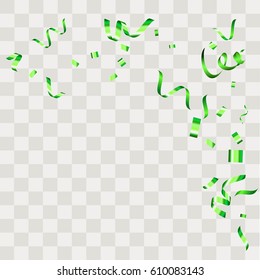 Green Confetti falling shiny isolated on transparent checkered background.