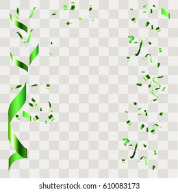 Green Confetti falling shiny isolated on transparent checkered background.