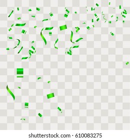 Green Confetti falling shiny isolated on transparent checkered background.