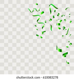 Green Confetti falling shiny isolated on transparent checkered background.