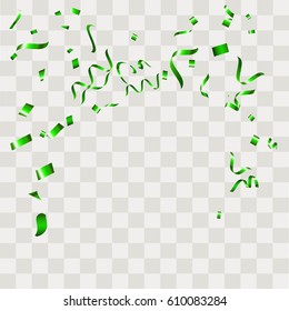 Green Confetti falling shiny isolated on transparent checkered background.