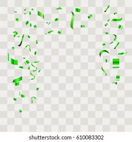 Green Confetti falling shiny isolated on transparent checkered background.