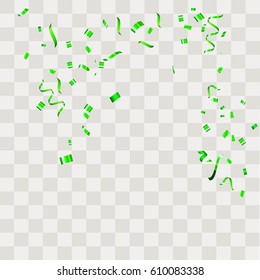 Green Confetti falling shiny isolated on transparent checkered background.