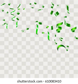 Green Confetti falling shiny isolated on transparent checkered background.