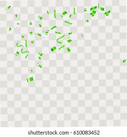 Green Confetti falling shiny isolated on transparent checkered background.