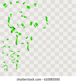 Green Confetti falling shiny isolated on transparent checkered background.