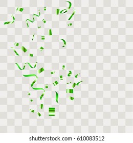 Green Confetti falling shiny isolated on transparent checkered background.