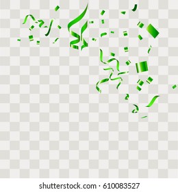 Green Confetti falling shiny isolated on transparent checkered background.
