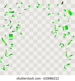 Green Confetti falling shiny isolated on transparent checkered background.