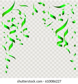 Green Confetti falling shiny isolated on transparent checkered background.