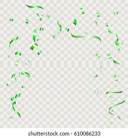 Green Confetti falling shiny isolated on transparent checkered background.
