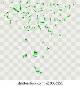 Green Confetti falling shiny isolated on transparent checkered background.