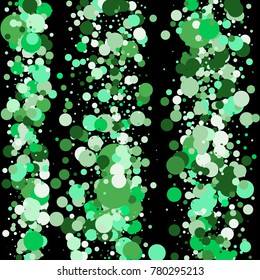 Green confetti on a black background. Beautiful background. Confetti. A frame of confetti. A scattering of confetti. Placer from the circles. Beautiful background. Vector illustration. Greeting card.
