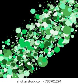 Green confetti on a black background. Beautiful background. Confetti. A frame of confetti. A scattering of confetti. Placer from the circles. Beautiful background. Vector illustration. Greeting card.